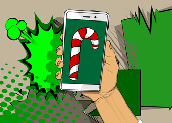 Cartoon Smartphone, comic book Telephone with Candy cane. Retro vector comics pop art design.