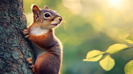 Obraz premium Squirrel Climbing a Vibrant Green Forest Tree in Digital Painting Style