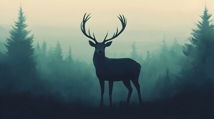 Naklejka premium Majestic Deer Stands Amid Lush Forest Bathed in Morning Light