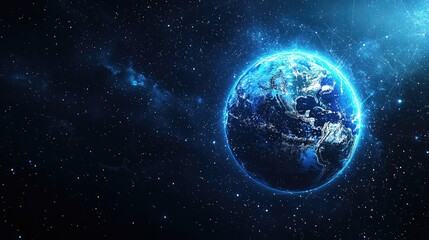Obraz premium Abstract digital blue planet Earth with glowing connections and global network concept on a dark background, a technology wallpaper. Big data world map.