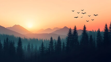 Majestic Birds Soaring Above Sunlit Forest with Rolling Hills