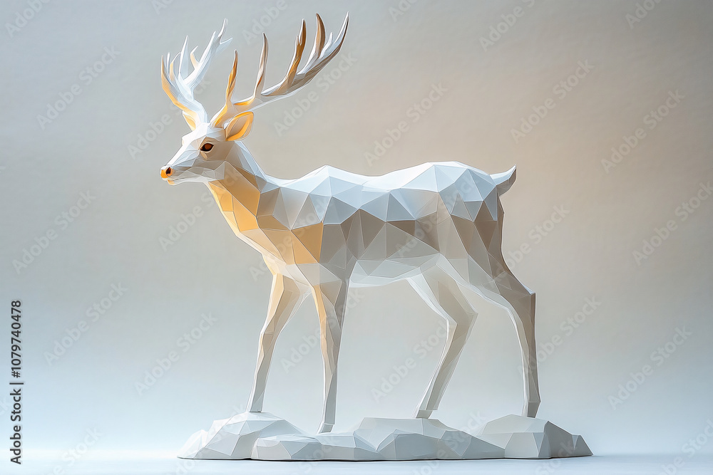 Poster modern polygonal deer sculpture with sharp edges, white and amber tones, standing gracefully. elegan