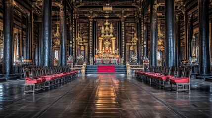 Fototapeta premium A serene interior of a traditional temple featuring ornate decorations and seating.