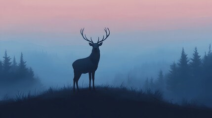 Fototapeta premium A Deer Standing on a Misty Forest Overlook with Cool Tones