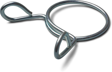 close-up of metal hose clip or clamp isolated white background, used in plumbing and household gas or water hoses, self clamping and spring type