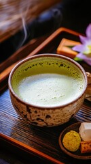 hot matcha in a cup on a wooden table, stock photo