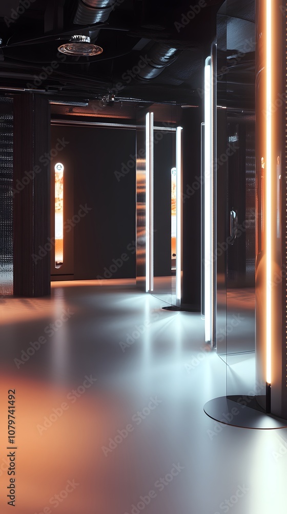 Poster 78. a sleek 3d environment with digital projections, soft lighting effects, and ample vertical space