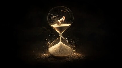 An hourglass with a surreal and symbolic design. In the upper half, a baby top half body is emerging from sand, representing the beginning of life. 
