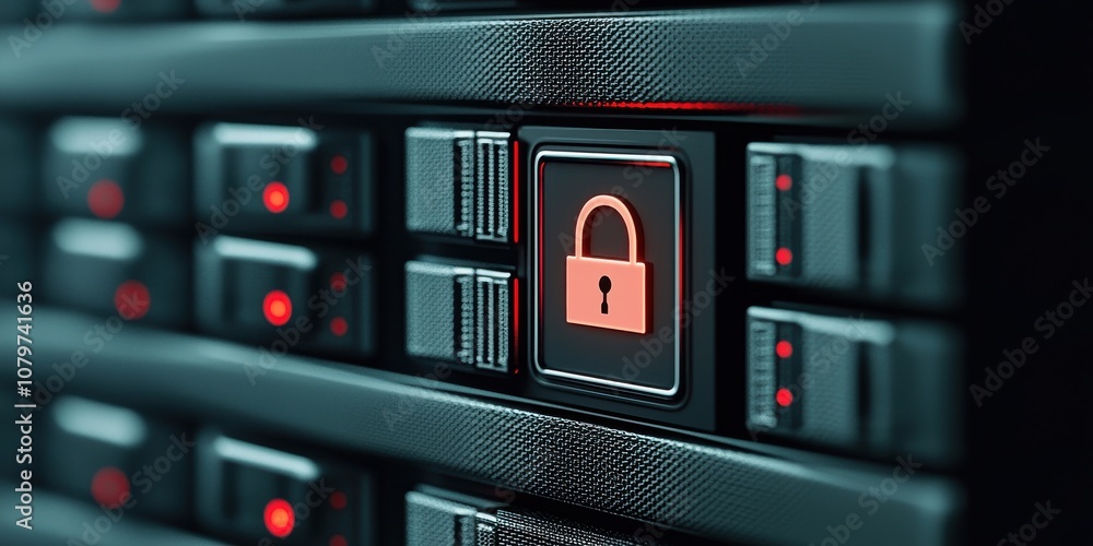 Poster a close-up view of a digital server panel featuring a prominent lock icon, symbolizing data security