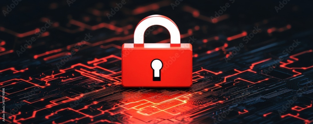 Poster cybersecurity risk concept. a vibrant red padlock sits on a digital background, symbolizing cybersec