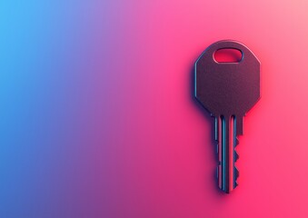 A single key positioned against a gradient background of blue and pink hues, symbolizing security and access.