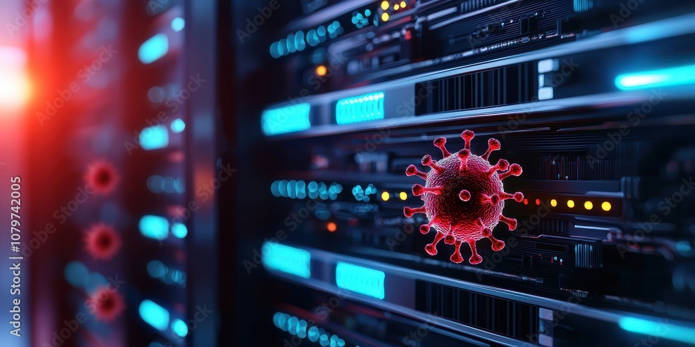 Poster cybersecurity risk concept. a digital representation of a virus interacting with server hardware