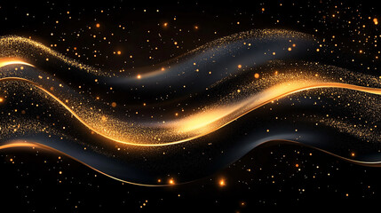 Luxury black wavy background with golden glitter sparkles, ideal for high-end design themes and celebrations.