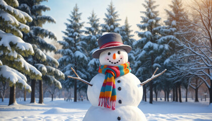 Obraz premium Snowman with bright scarf and hat in snowy park surrounded by trees on winter day