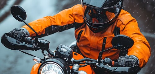 A person in an orange jacket and black helmet riding a motorcycle on a rainy day, close-up view, with an orange-colored background,