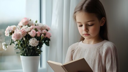 Young Girl Sketching Flowers by Sunlit Window with Serene Focus
