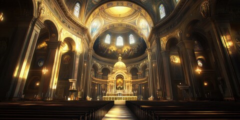 Naklejka premium A grand interior of a church featuring ornate architecture and spiritual ambiance.