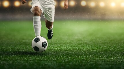 Naklejka premium Soccer Player Mid Kick Ball Frozen in Air Stadium Lights Gleaming