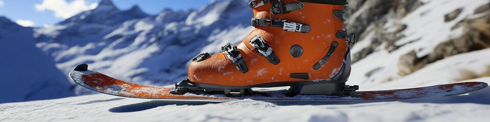 Close-Up of Ski Boots and Snowboard During Winter Outdoor Sports Adventure, Capturing the Essence of Exercise and Athletic Competition. This Abstract Marketing Background Illustrates the Thrill of Ski
