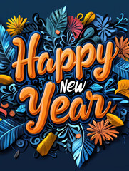 Happy New Year design featuring vibrant flowers and leaves, celebrating festive spirit with colorful elements and intricate details