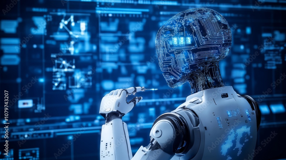 Poster a futuristic humanoid robot contemplates in front of a digital interface, emanating a blue glow and 