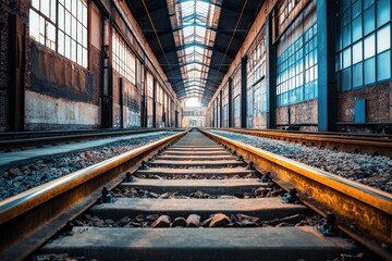 Obraz premium Train tracks leading to a bright light at the end of an abandoned industrial building.