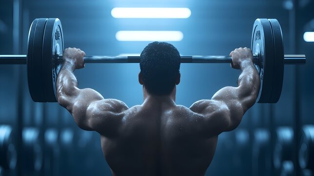 Muscular weightlifter straining to lift heavy barbell overhead in intense gym workout