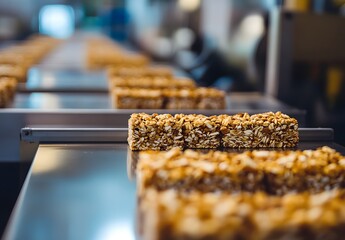 Close-up of a granola bar production line in a food factory, with a focus on the landscape of the product and a blurred background.