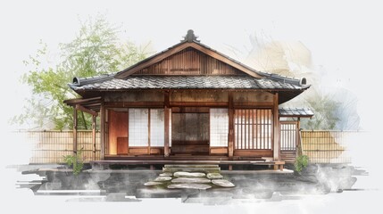 An illustration of a traditional Japanese tea house with natural, weathered materials