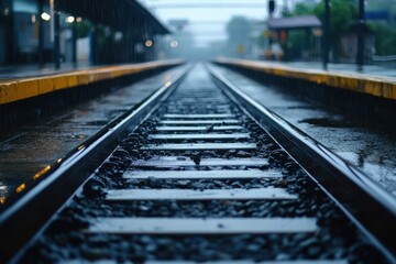 Train tracks vanishing into the distance on a rainy day.