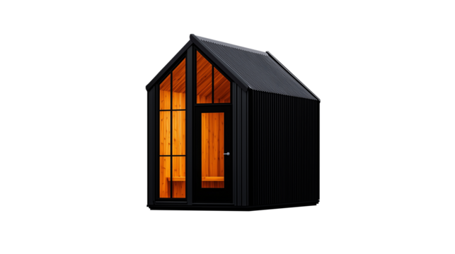 Modern black tiny house with wooden interior and glass door
