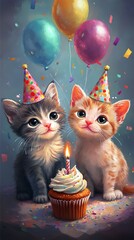 Fototapeta premium Two Kittens Celebrating Birthday with Cake and Balloons