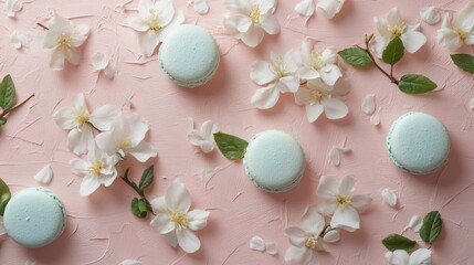 Obraz premium A beautiful arrangement of floral macarons with mint sprigs on a textured pink background, perfect for a spring celebration or dessert styling