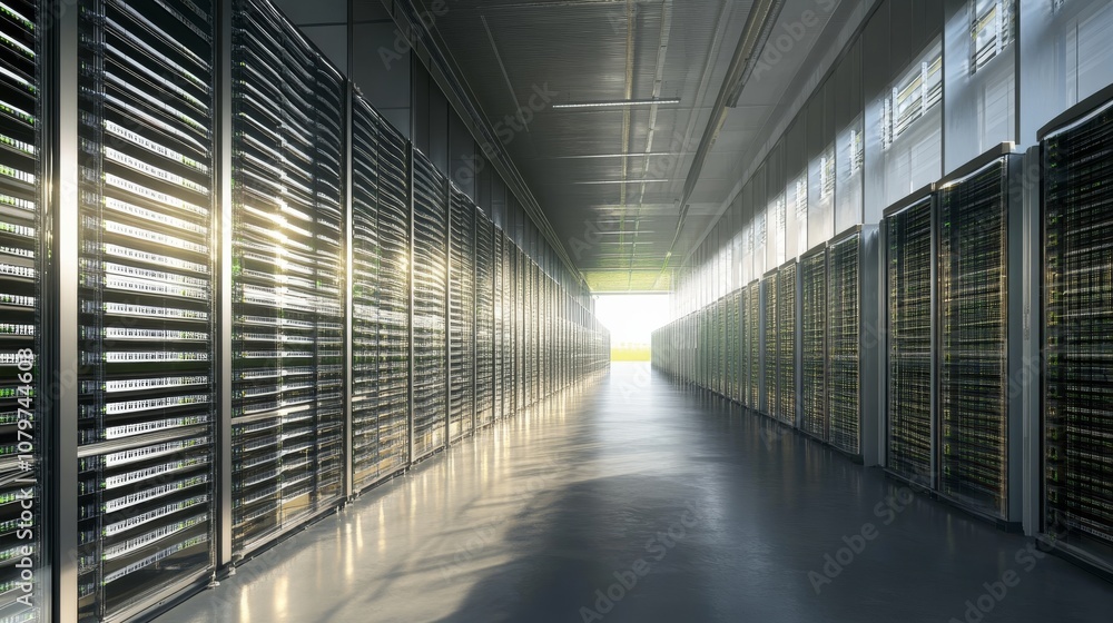 Poster a modern data center corridor featuring rows of server racks, illuminated by natural light, creating