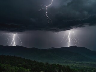 Lightning Strikes Over a Silhouetted Mountain Range