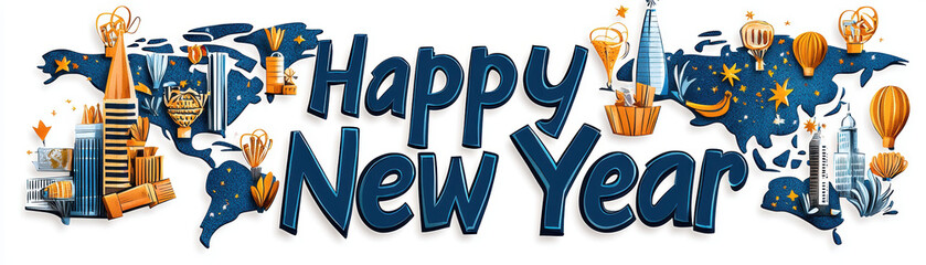 Happy New Year banner with colorful world map, featuring festive elements like champagne, balloons, and fireworks, celebrating global festivities