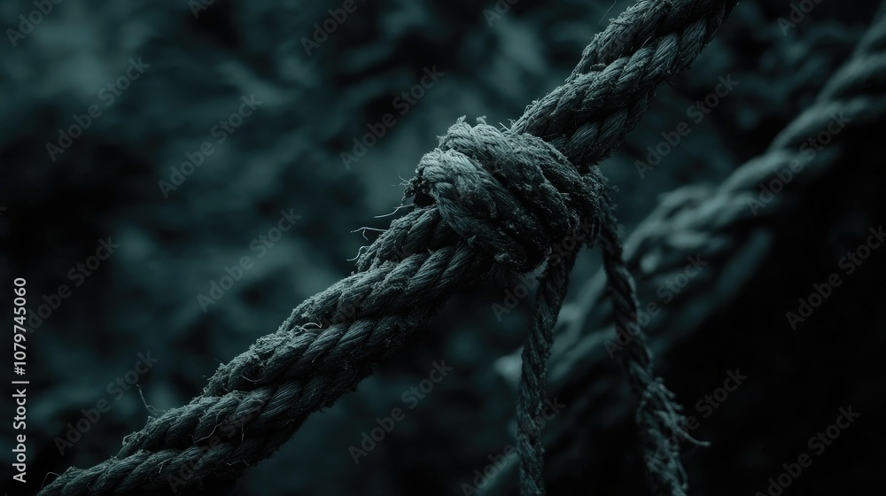 Poster a close-up of a frayed rope showing detailed texture and loose strands against a dark backdrop, evok