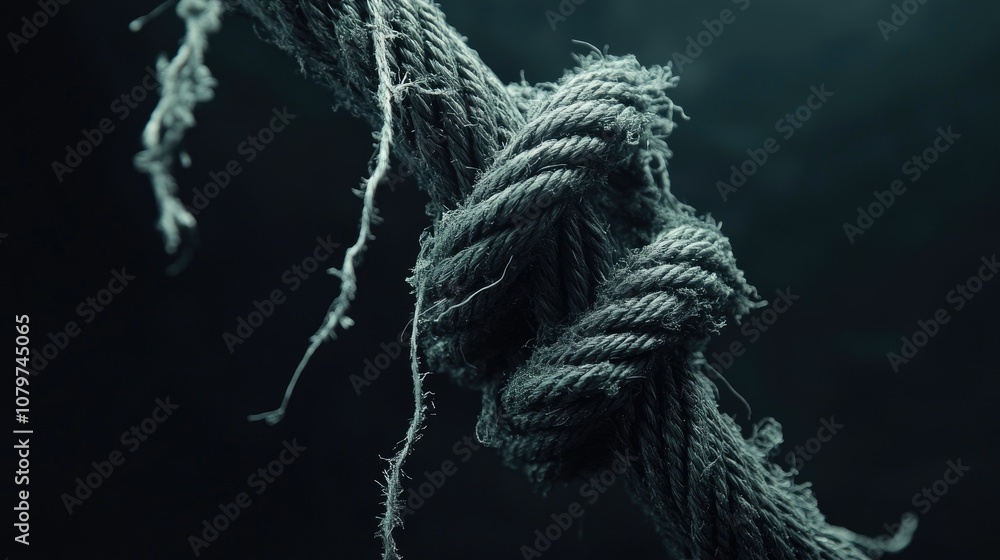 Poster a close-up of a frayed rope showing detailed texture and loose strands against a dark backdrop, evok