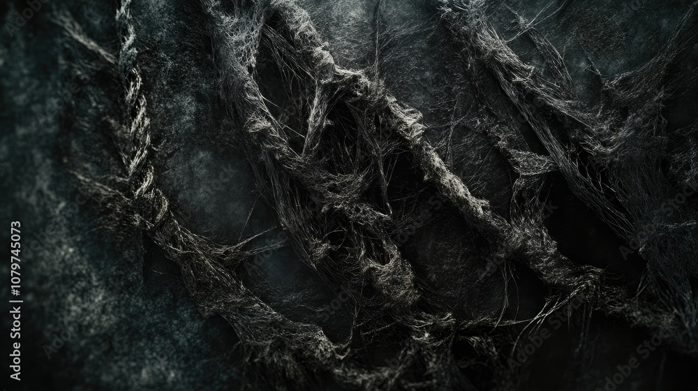 Poster a close-up of a frayed rope showing detailed texture and loose strands against a dark backdrop, evok