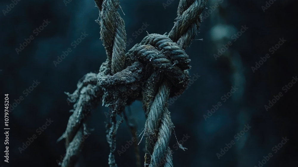 Poster a close-up of an old, frayed rope with strands coming apart, set against a moody dark background for