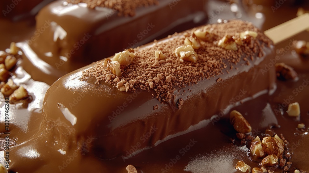 Aufkleber a close-up of chocolate ice cream bars dipped in a rich layer of chocolate, surrounded by crumbs of 
