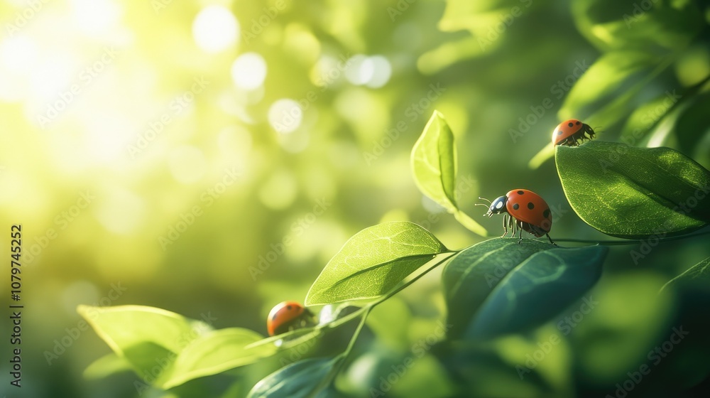 Poster a close-up of ladybugs in a peaceful natural setting, perched on a green leaf with the sunlight filt