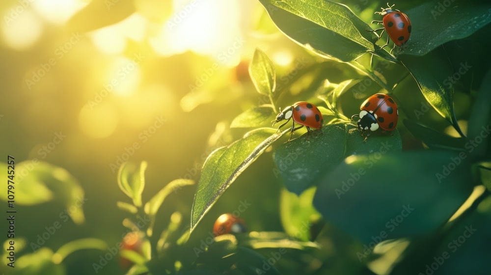 Poster a close-up of ladybugs in a peaceful natural setting, perched on a green leaf with the sunlight filt