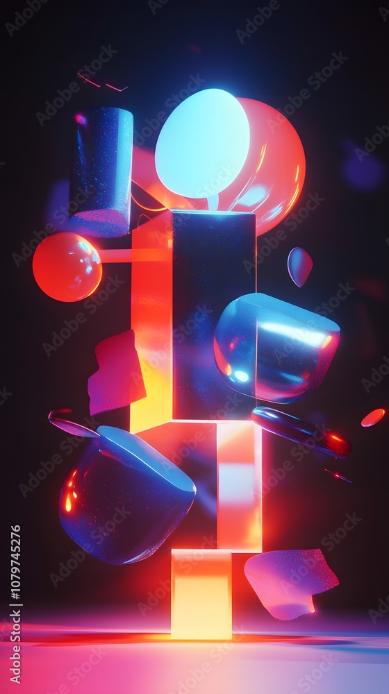 Poster 88. a dynamic 3d showcase with abstract floating shapes, glowing accents, and an open vertical area 