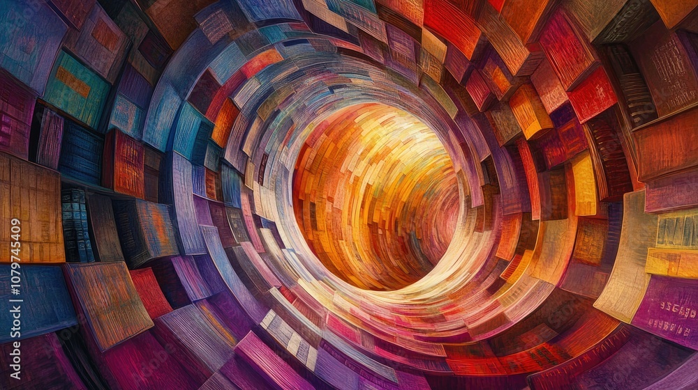 Poster a colorful abstract bookshelf curving inward, the books arranged to form a surreal tunnel effect, ev