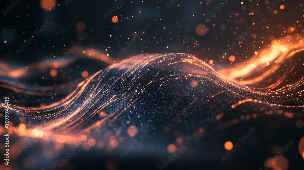 Poster a mesmerizing abstract design featuring flowing lines of glowing particles in warm tones against a d