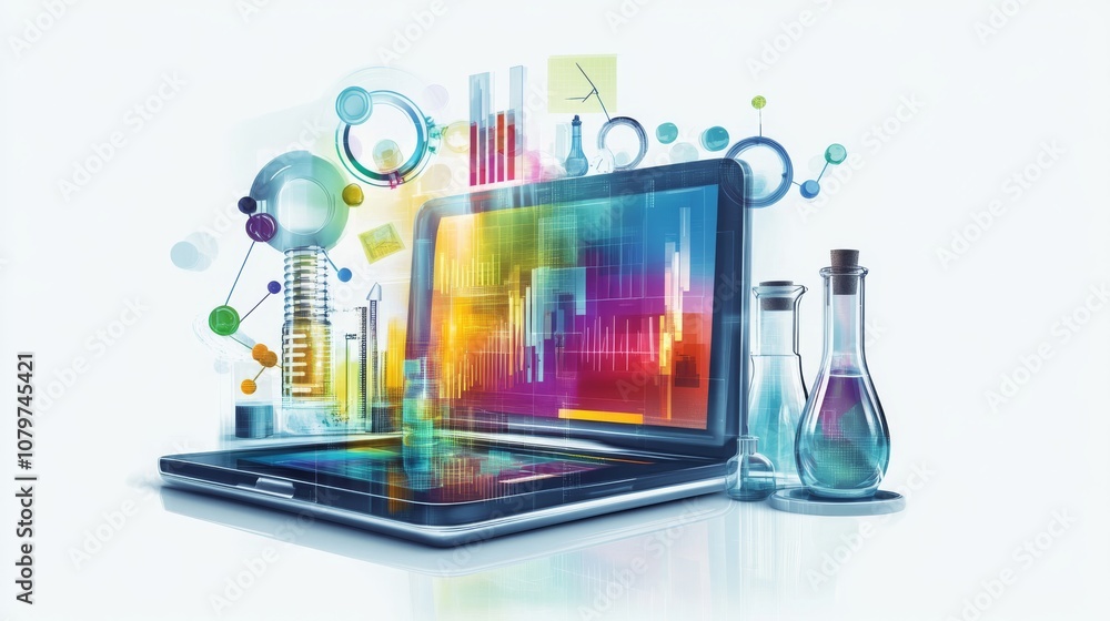 Poster a colorful digital scene featuring a laptop surrounded by scientific elements like test tubes, graph