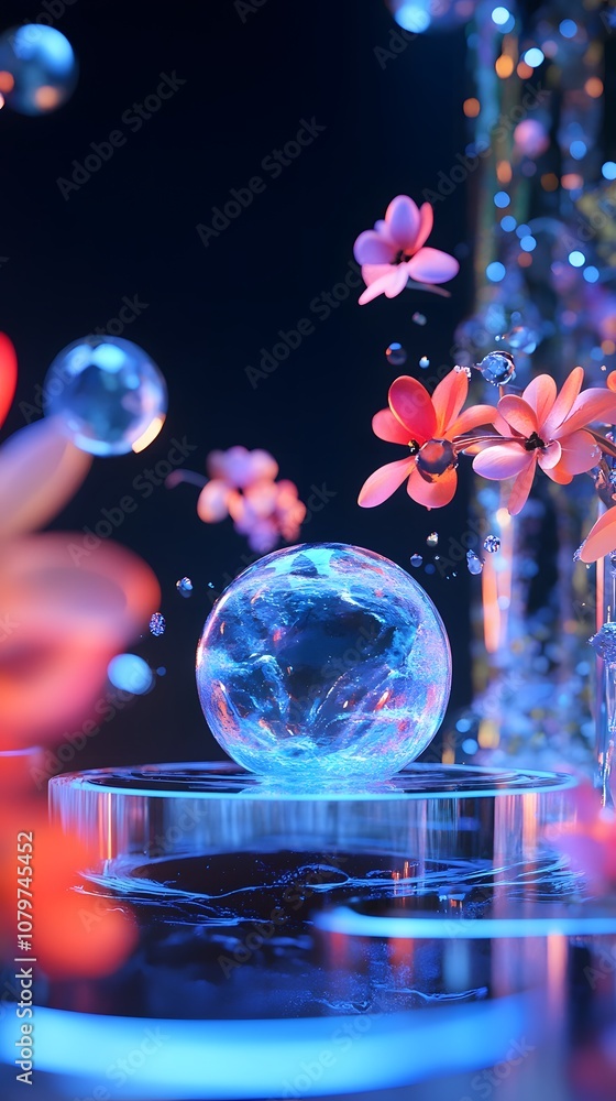 Poster 88. a dynamic 3d showcase with abstract floating shapes, glowing accents, and an open vertical area 