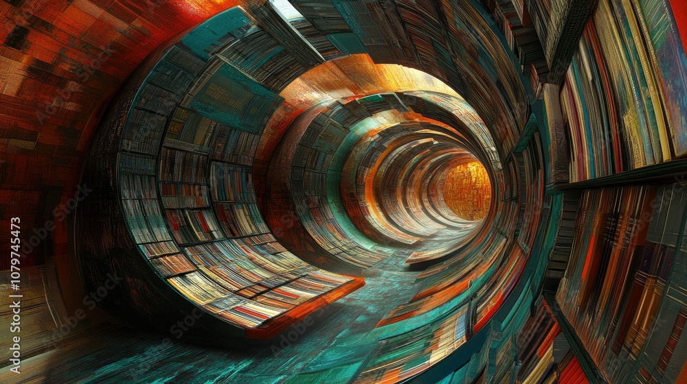Poster a colorful abstract bookshelf curving inward, the books arranged to form a surreal tunnel effect, ev