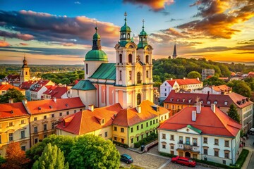 Fototapeta premium Old Town Przemysl, Poland: AI-restored Franciscan Church photo, documentary style.